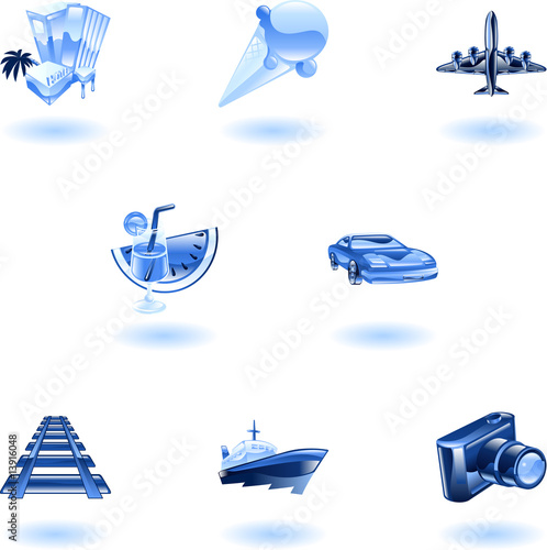 A blue travel and tourism web icon set