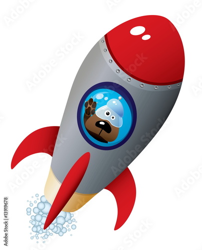 Cartoon Dog Astronaut In Old Style Spaceship