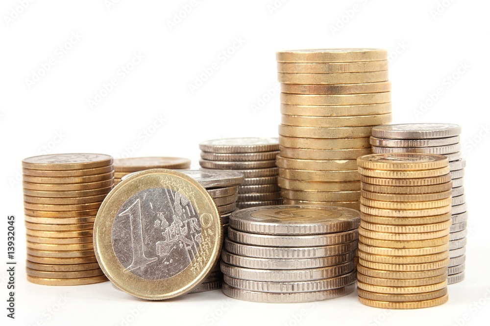 Piles of coins (euro) isolated on white background Piles of coins (euro) isolated on white background