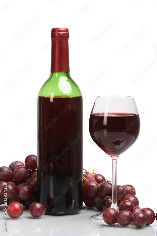 Bottle and glass of  wine  on white background