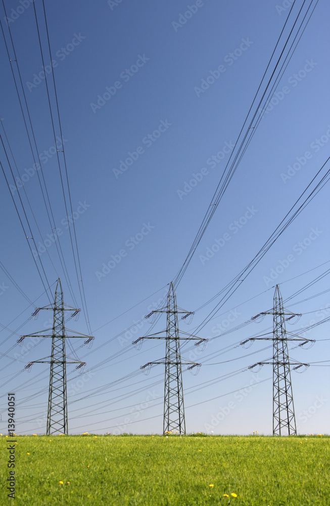 power lines in blue skies