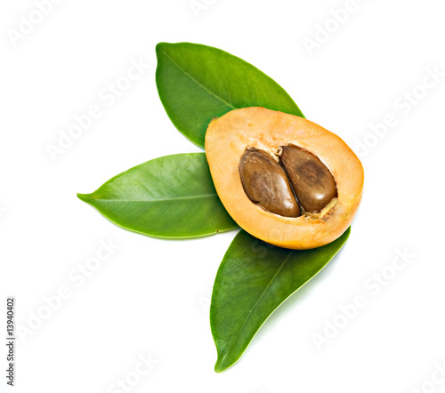 Section of loquat on leaves isolated on white background photo