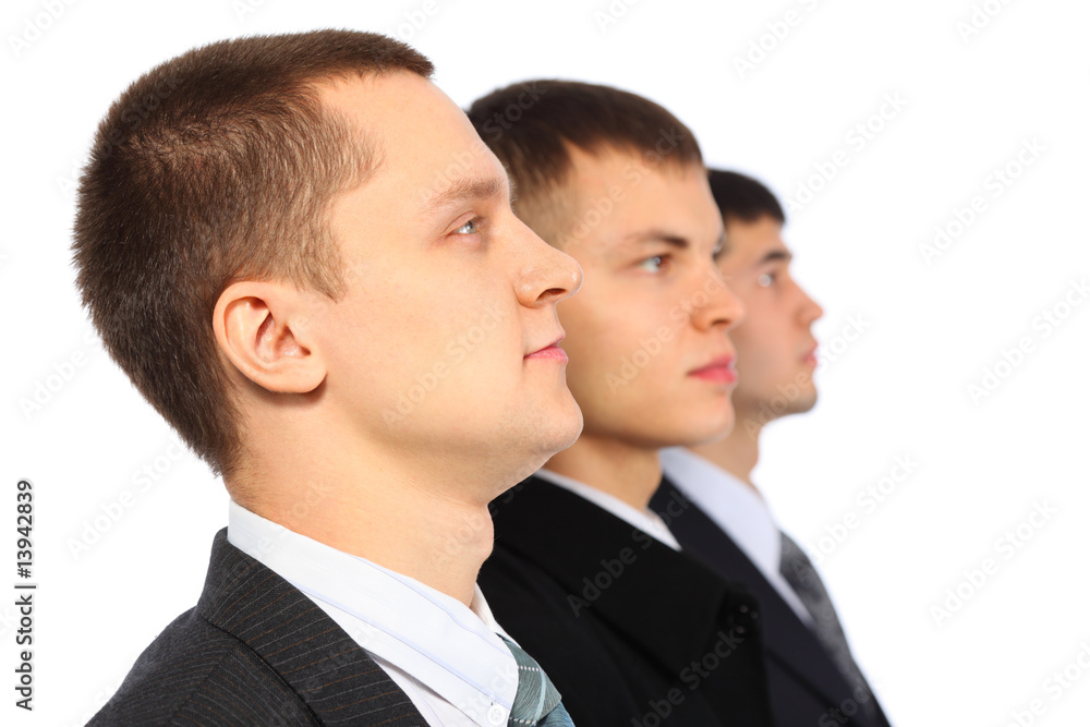 Three businessmen in profile, parody to Marx, Engels and Lenin Three businessmen in profile, parody to Marx, Engels and Lenin