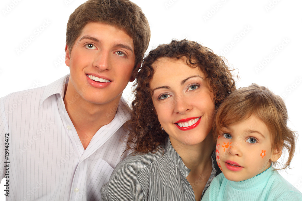 family of three with drawings on child face family of three with drawings on child face
