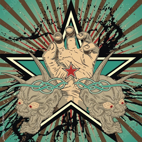 Design featuring grasping hand and Hanya masks.