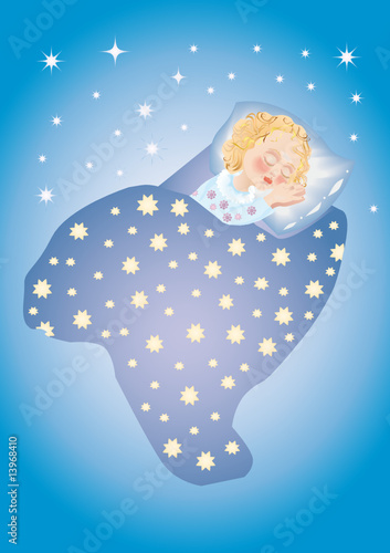 A kid sweetly sleeps under stars