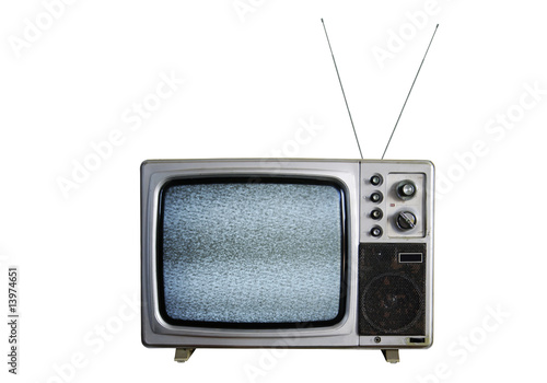 An old TV with the noise on white background