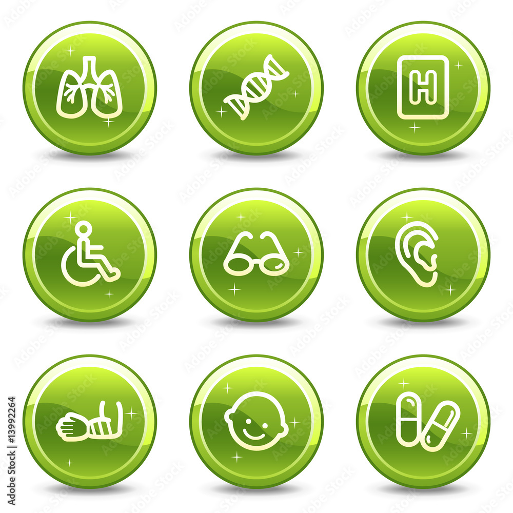 Medicine web icons set 2, green glossy circle buttons series