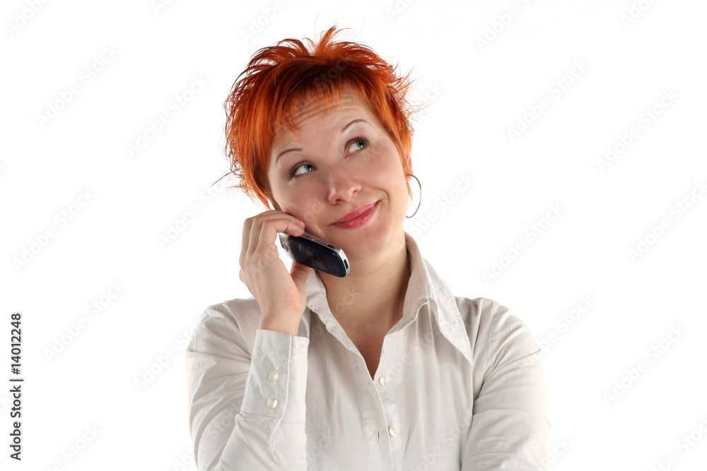 red haired woman talking by mobile phone red haired woman talking by mobile phone
