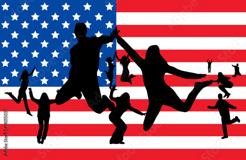Flag of USA and people jumping