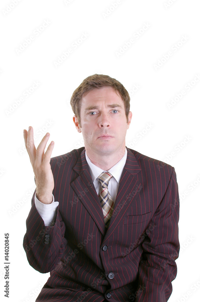 Business man with raised arm in questioning manner Business man with raised arm in questioning manner