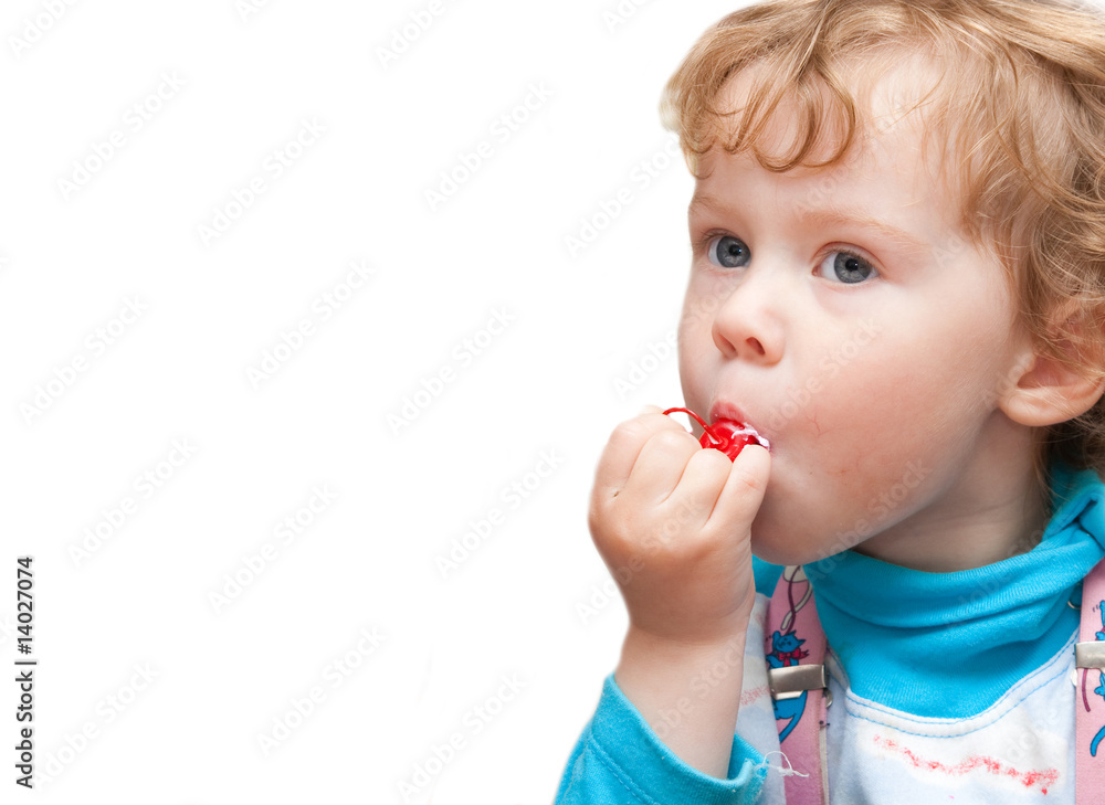 small girl eat red cerry isolated on white small girl eat red cerry isolated on white