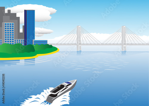 Yacht sailing to the bridge leading to the city