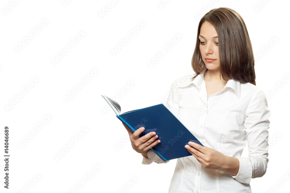Smiling young pretty business woman with blue note Smiling young pretty business woman with blue note