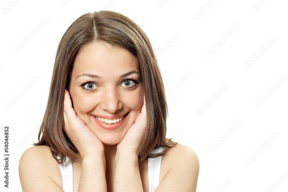 Pretty young ofiice woman with palm near face Pretty young ofiice woman with palm near face