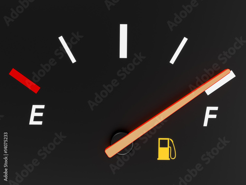 A closeup of a car fuel gauge showing full