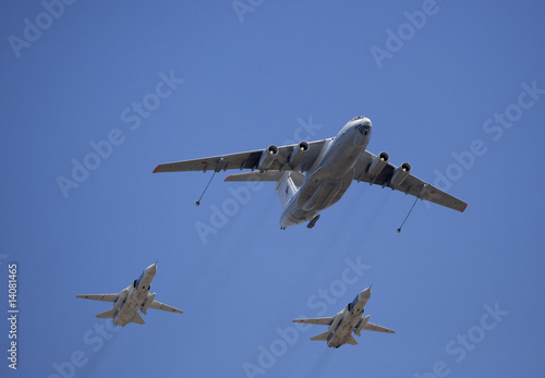 VKS Russian Airforce tanker jet aircraft (Il-78) and two jet (Sukhoi Su-24 (Fencer) bombers with external tanks attached to pylons.