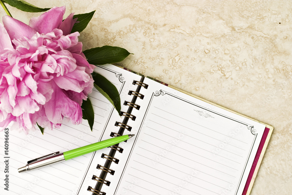 Fototapeta premium Peony on note book with ink pen