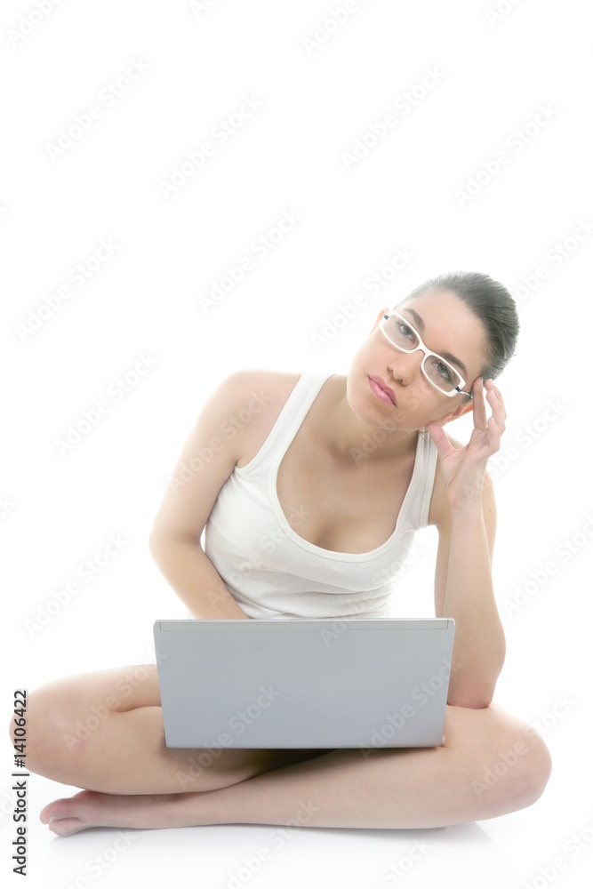 Beautiful woman on floor with laptop computer Beautiful woman on floor with laptop computer