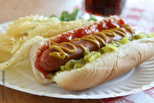 Hot Dog with Relish, Ketchup and Mustard