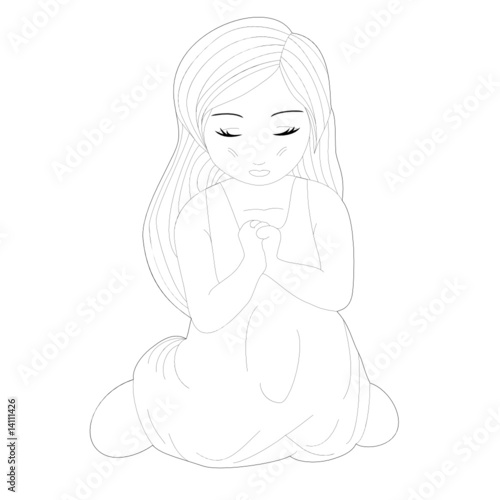 Sketch of A Cute Little Pretty Girl Kneeling and Praying