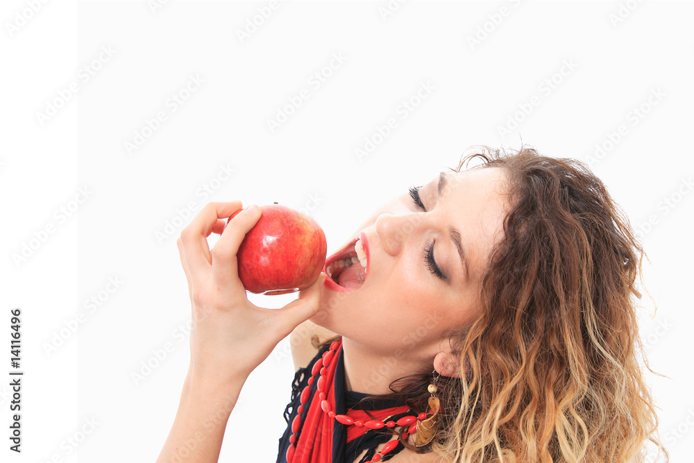 woman eating a red apple. woman eating a red apple.