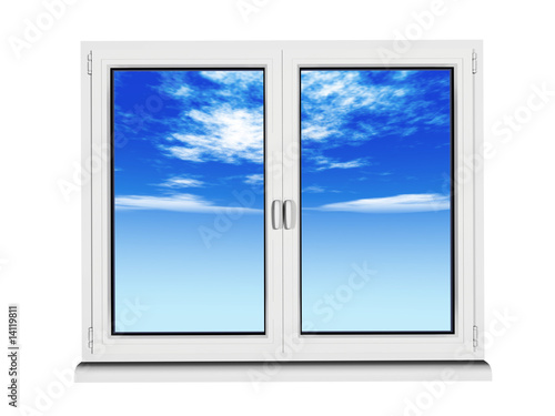 two layers and two frame closed plastic window with blue sky