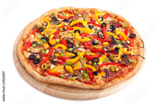 vegetable pizza on a board