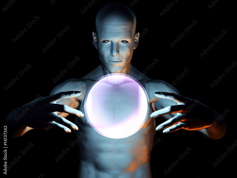 Strange magic man with colorfull hypnotic ball in hands Strange magic man with colorfull hypnotic ball in hands