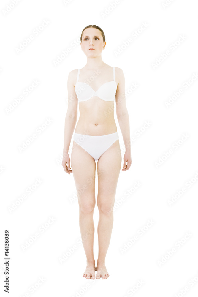 One woman standing in uderwear front view One woman standing in uderwear front view