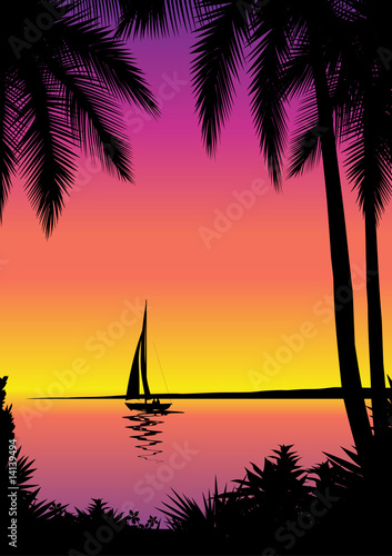 Tropical sea scene with sailboat