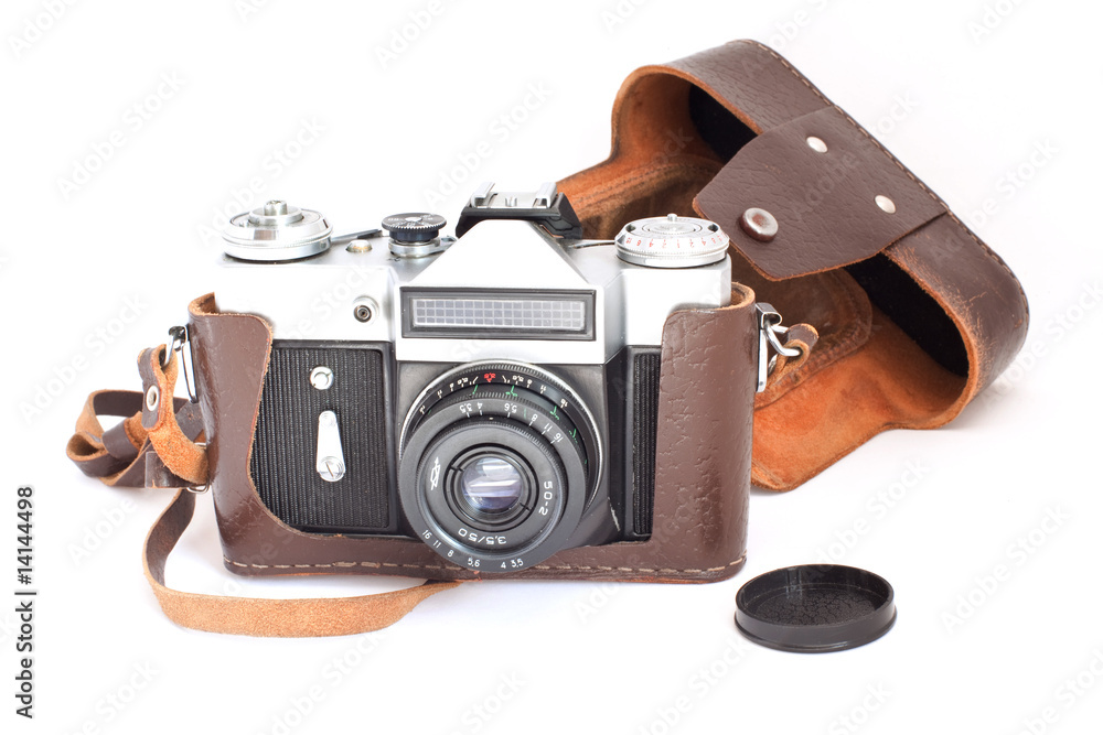retro camera in a brown leather case