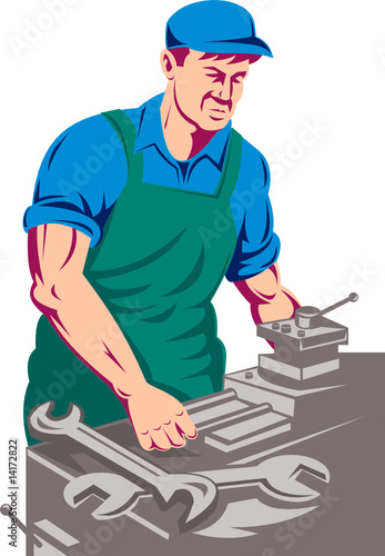 Worker with lathe machine