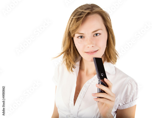 portrait of happy woman with mobile phone