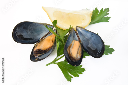 two mussels with lemon and parsley