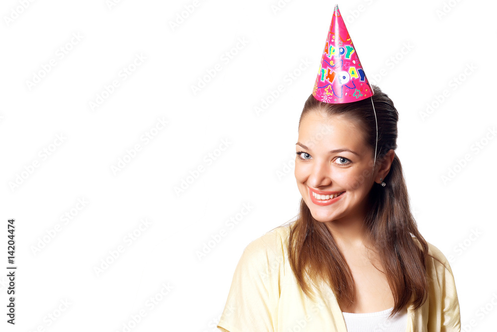 Young pretty woman in birthday cap Young pretty woman in birthday cap