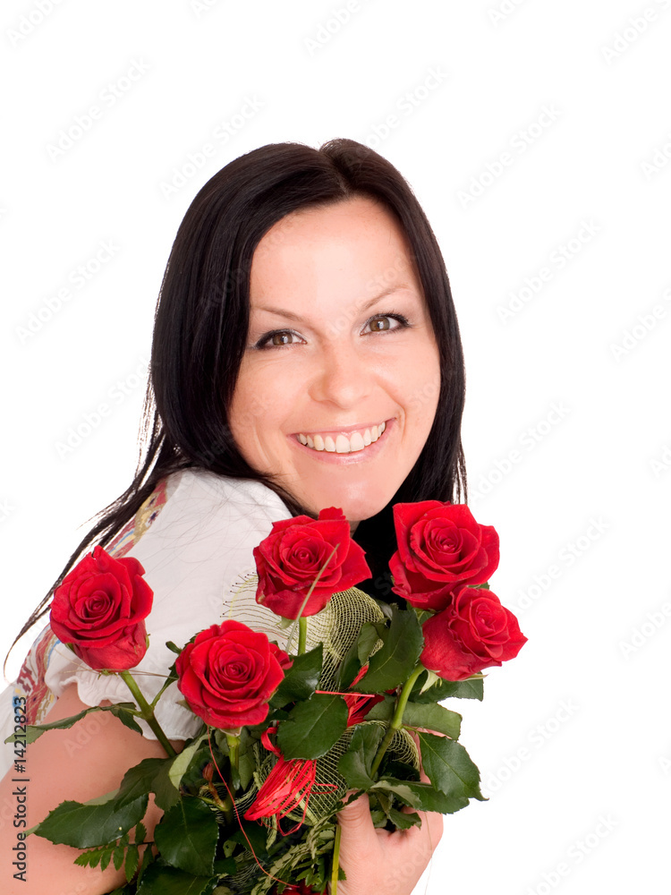 smiling woman with bouquet of flowers smiling woman with bouquet of flowers