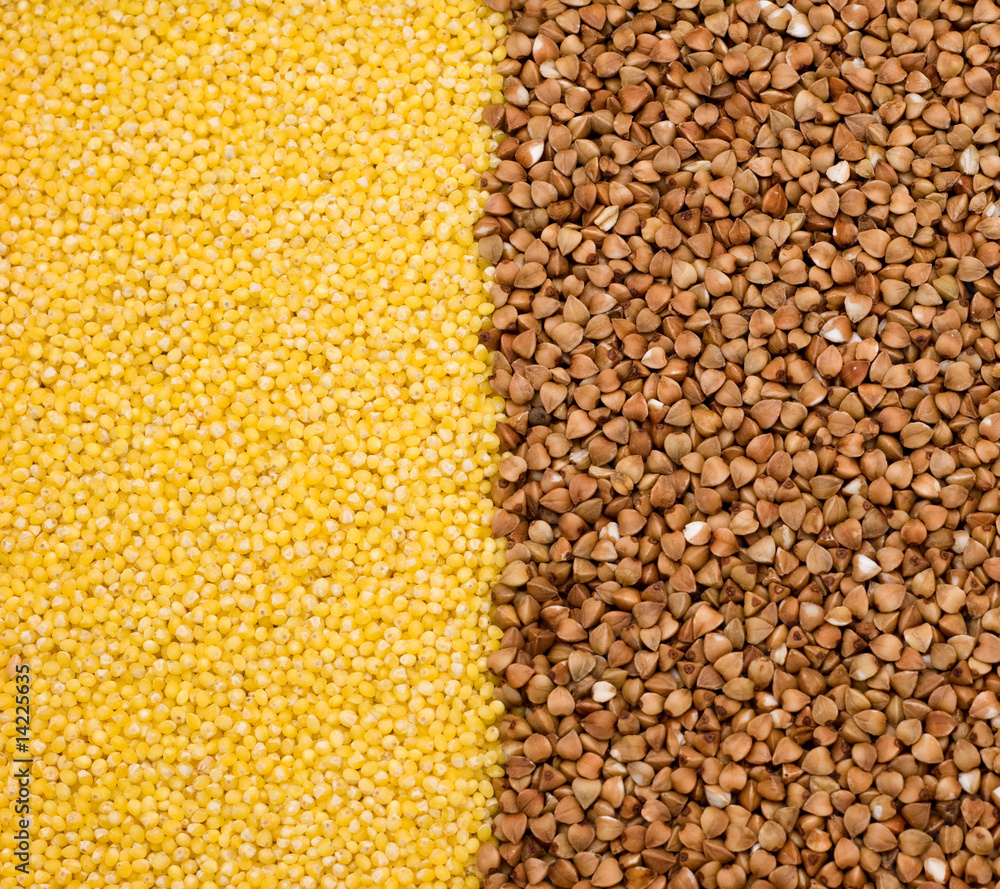 Buckwheat and millet background Buckwheat and millet background