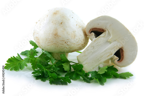 Champignon Mushrooms and Parsley Isolated on White