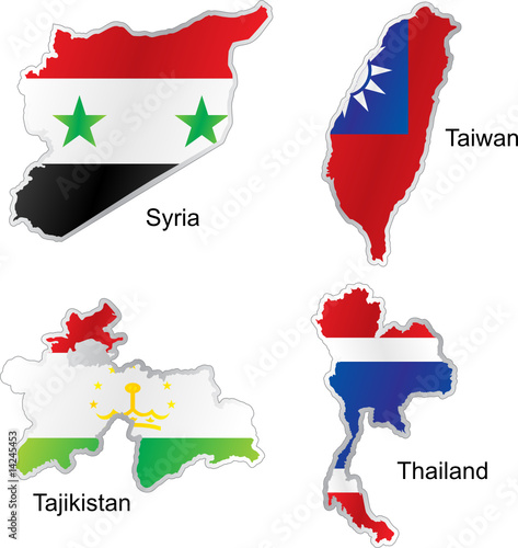 isolated asian flags in map shape
