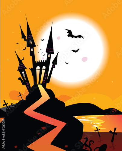 Haunted Castle with flying bats. Vector Illustration.