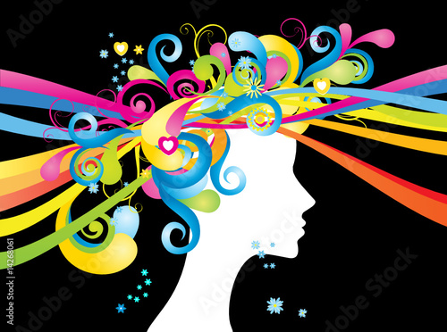 Whimsical silhouette of woman with color swirls