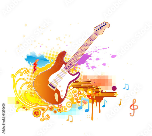 Vector illustration of shiny abstract party design with guitar