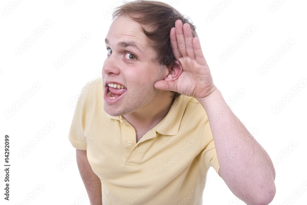 portrait of young casual man which overhears conversation portrait of young casual man which overhears conversation