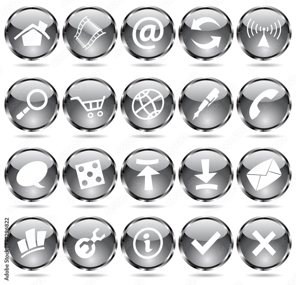 black round web icons with metallic frames black round web icons with metallic frames