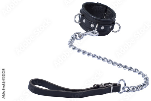 Black leather collar with the leash on white background