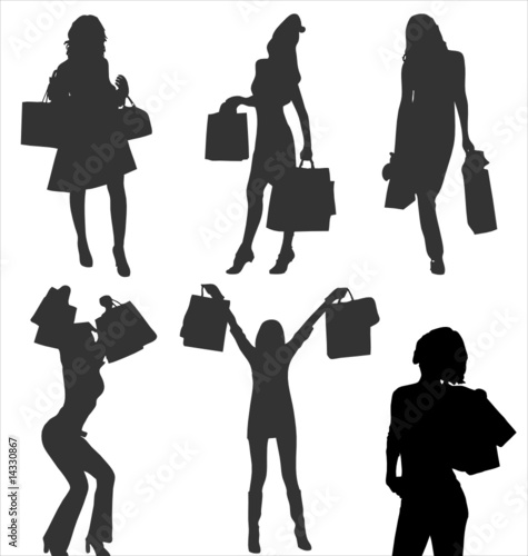 Silhouettes of vector shopaholic girls with bags.