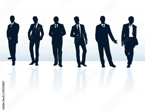 Set of dark blue vector businessman silhouettes in suits.