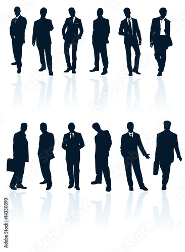 Set of dark blue vector businessman silhouettes.