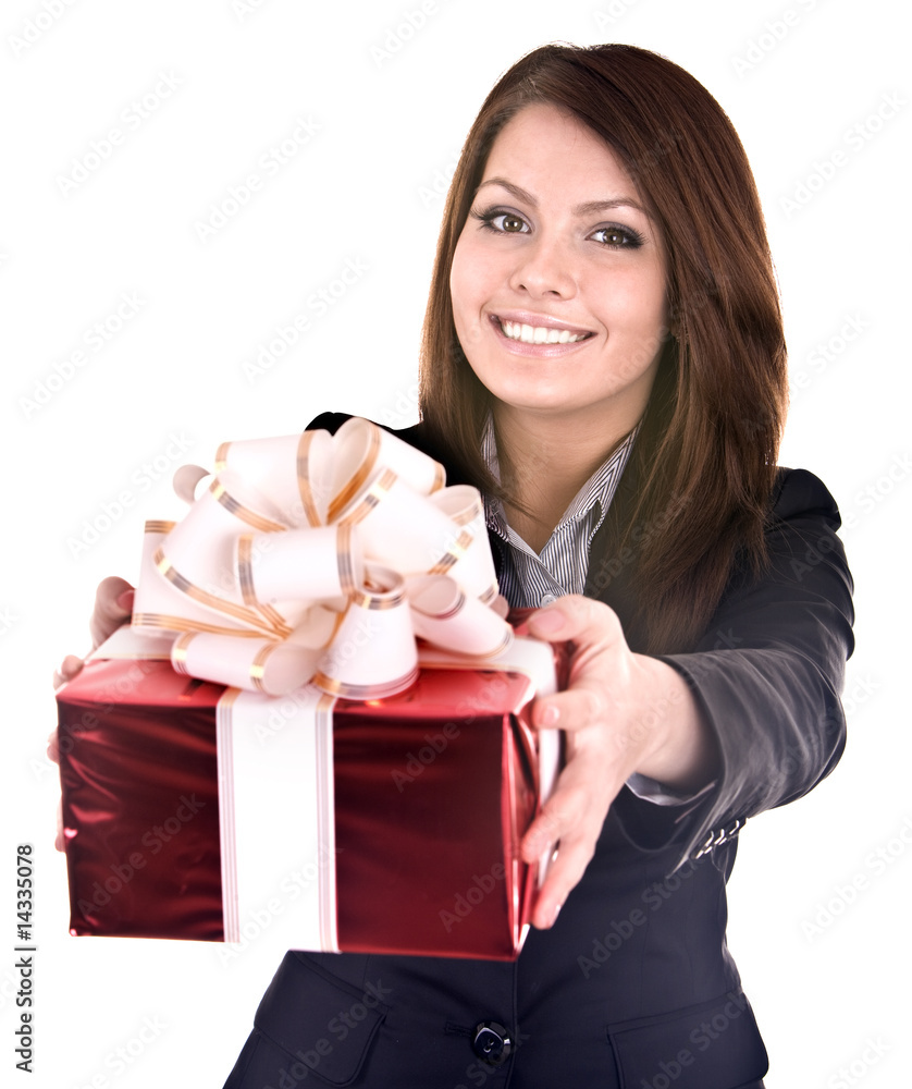 Beautiful girl in business suit with gift box. Beautiful girl in business suit with gift box.